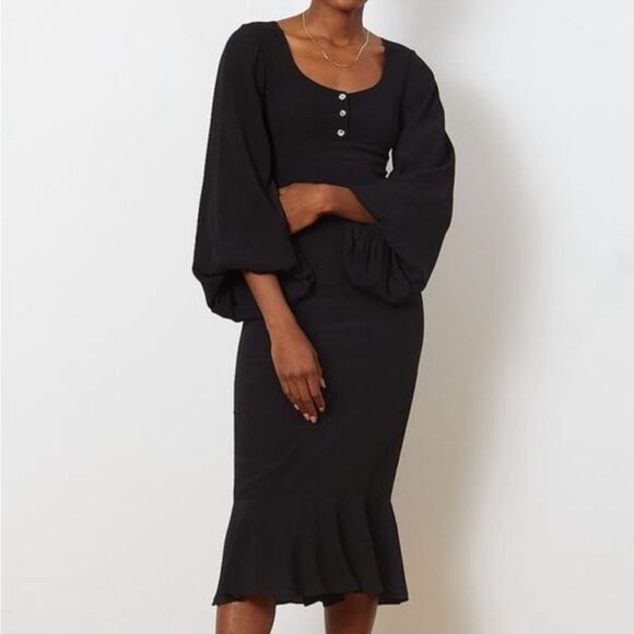 STAUD Lara Balloon Sleeve Midi Dress Black Size 8 - Picture 1 of 12